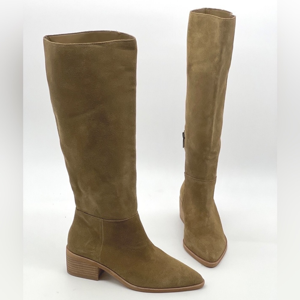 Vince Camuto Beaanna Tan Suede Pointed Toe Low Stack Heel Tall Boots
